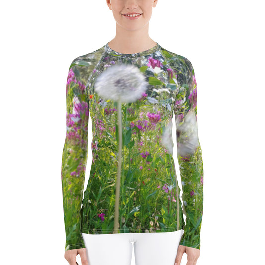 The FLOWER LOVE Collection - "Dreamy Dandelions" Design Luxurious Women's Rash Guard, Sun Protective Clothing, Sports & Fitness Clothing