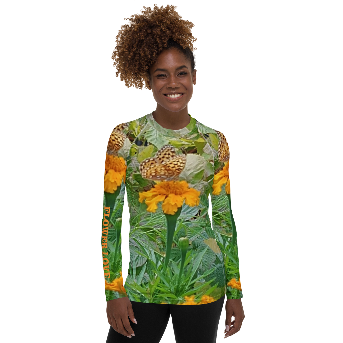 The FLOWER LOVE Collection - "Butterfly on a Bloom" Design Luxurious Women's Rash Guard, Sun Protective Clothing, Sports & Fitness Clothing