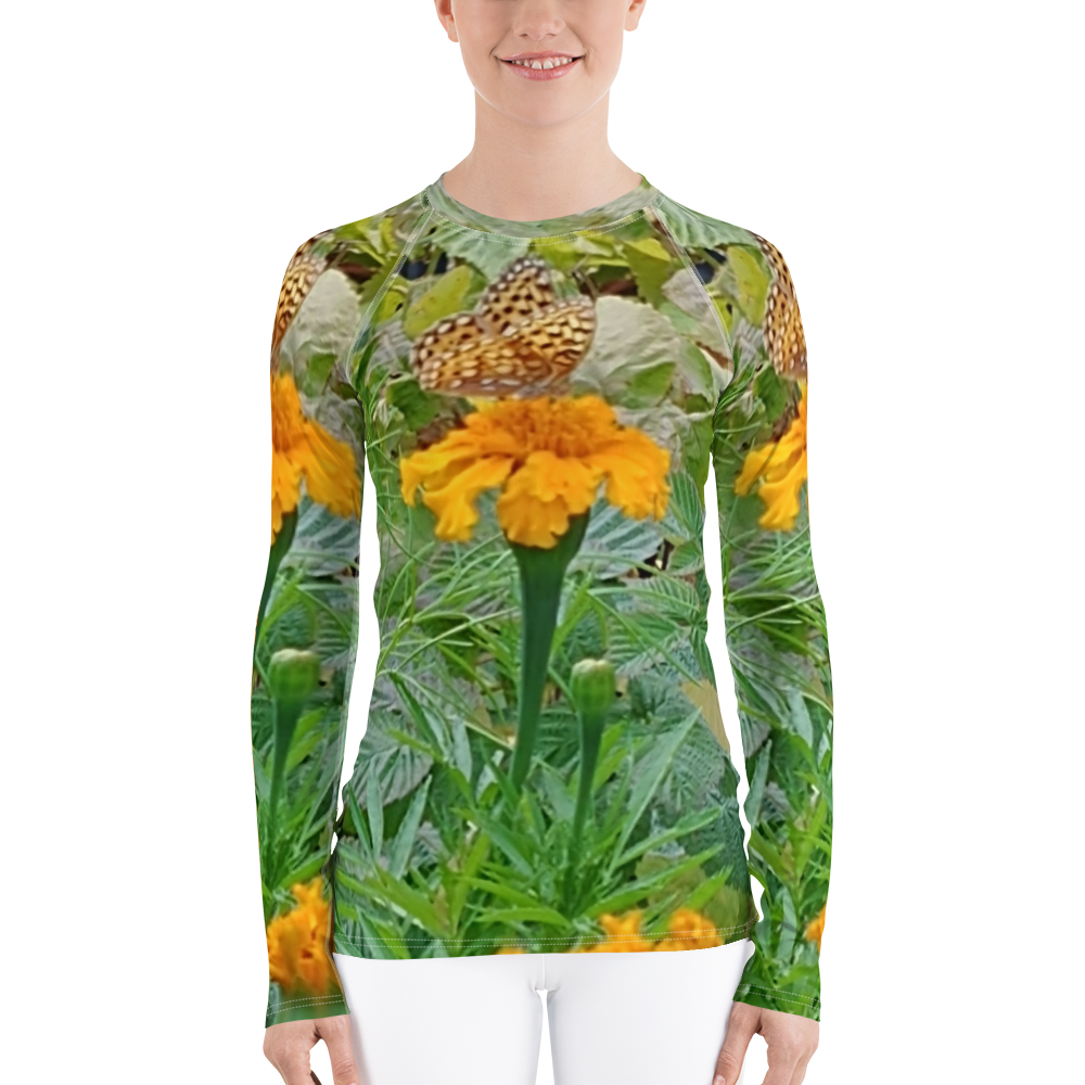 The FLOWER LOVE Collection - "Butterfly on a Bloom" Design Luxurious Women's Rash Guard, Sun Protective Clothing, Sports & Fitness Clothing