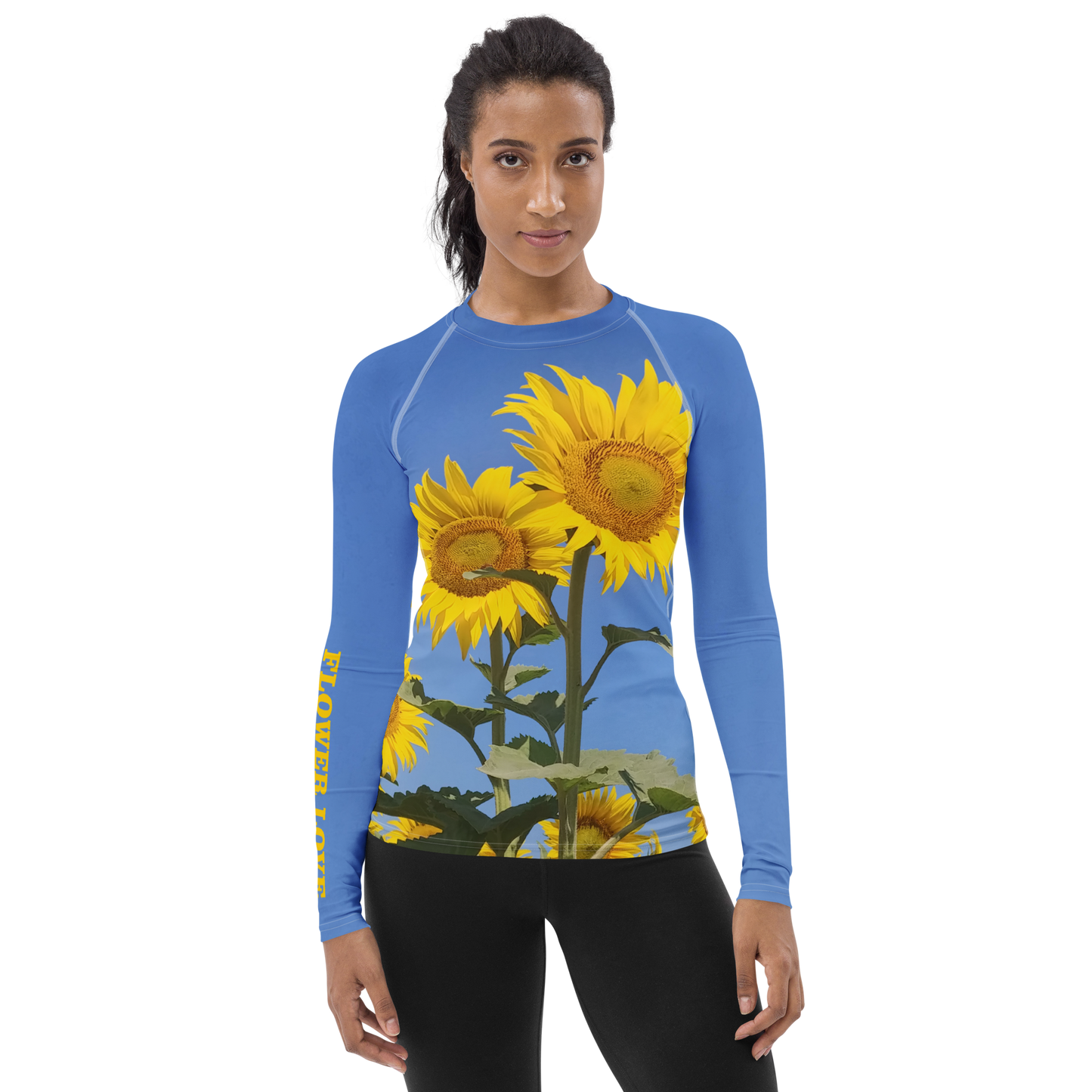 The FLOWER LOVE Collection - "Sunflower Sisters" Design Luxurious Women's Rash Guard, Sun Protective Clothing, Sports & Fitness Clothing