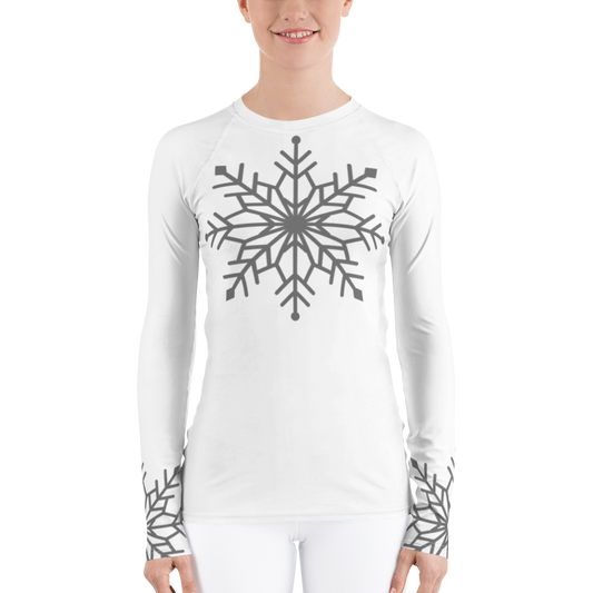 Winter Snowflake Top, Graphite Gray Snowflake on White Women's Rash Guard, Holiday Top