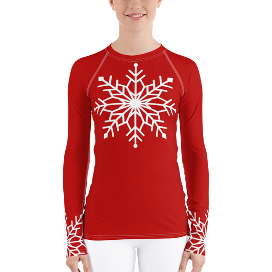 Winter Snowflake Top, White Snowflake on Dark Red Women's Rash Guard, Holiday Top