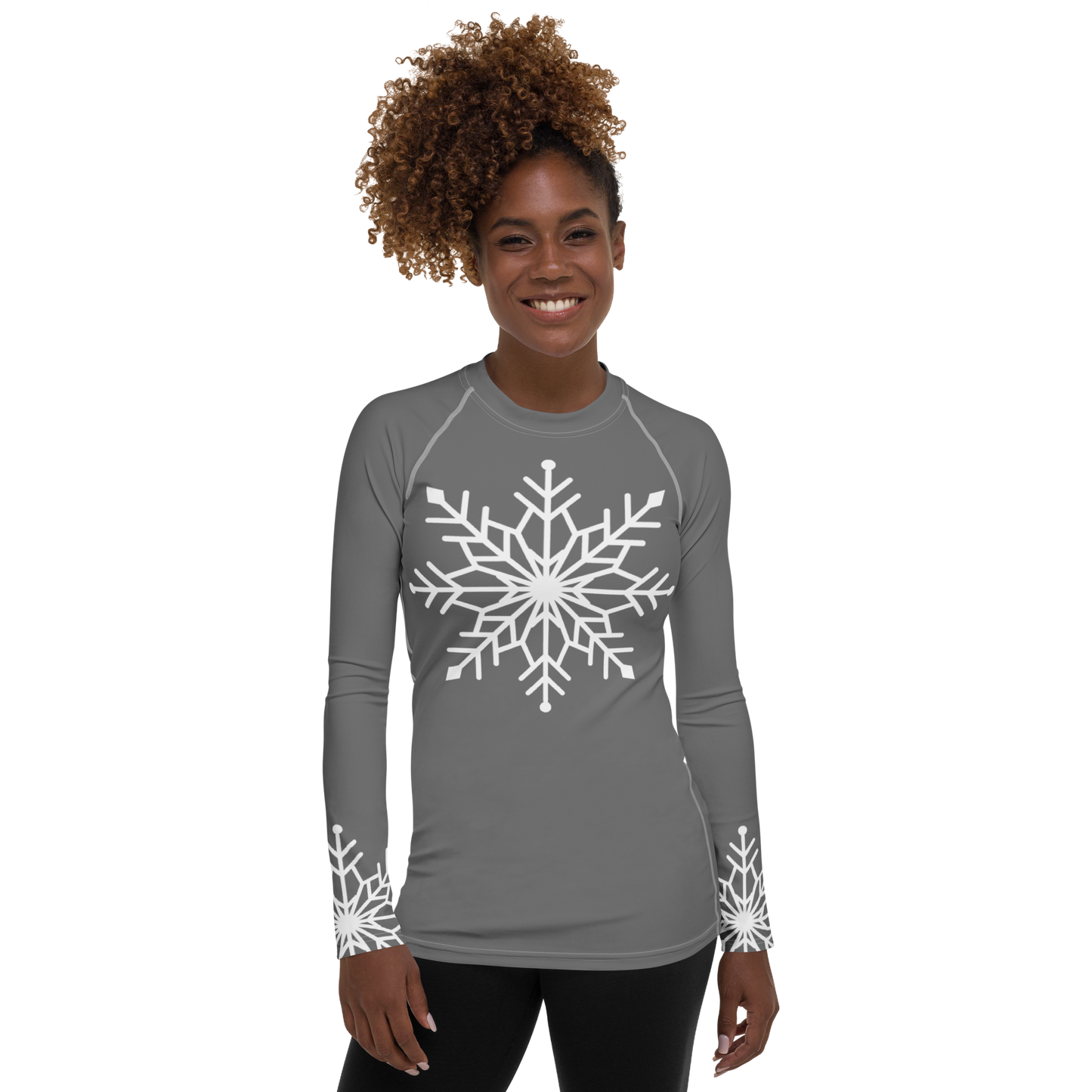 Winter Snowflake Top, White Snowflake on Graphite Gray Women's Rash Guard, Holiday Top