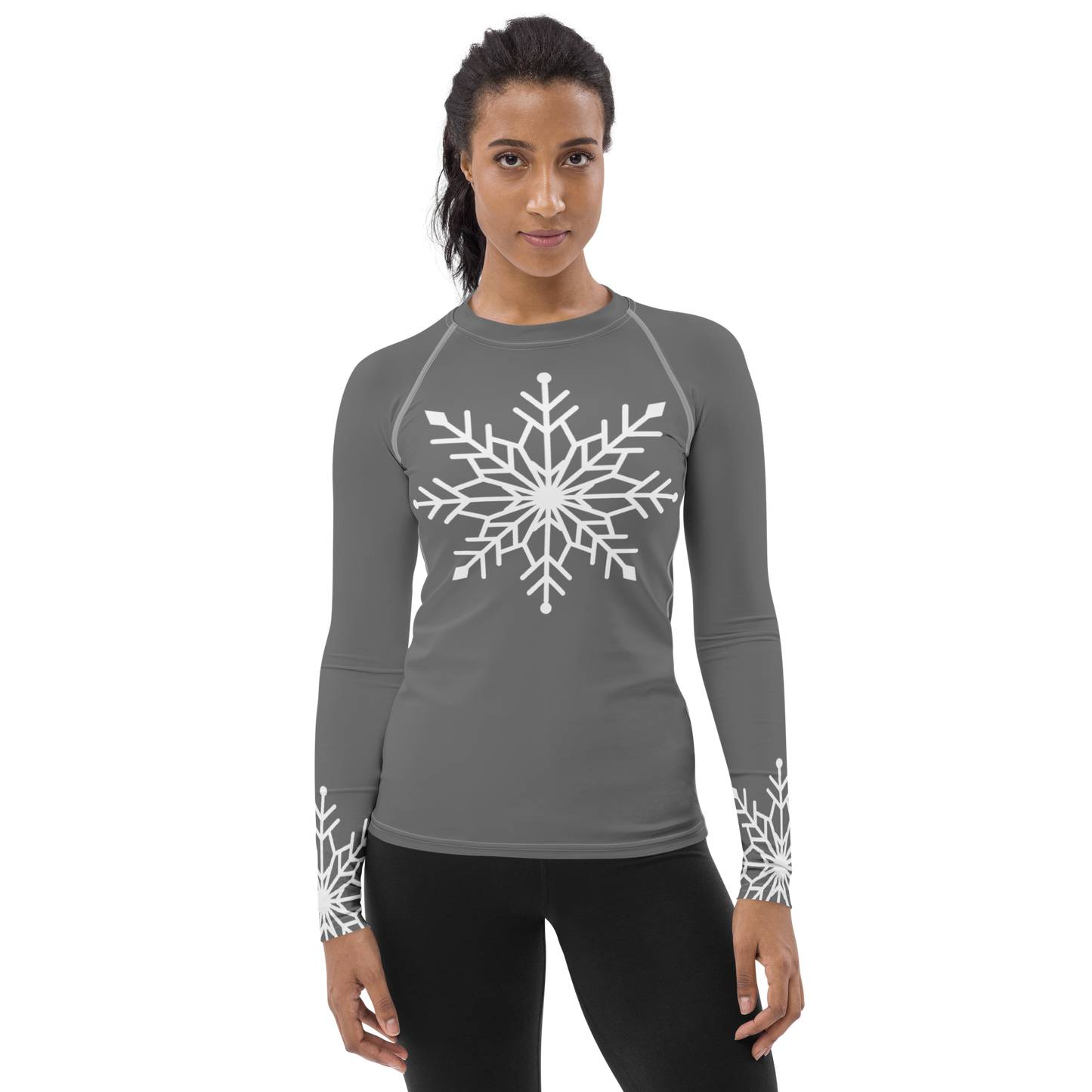 Winter Snowflake Top, White Snowflake on Graphite Gray Women's Rash Guard, Holiday Top