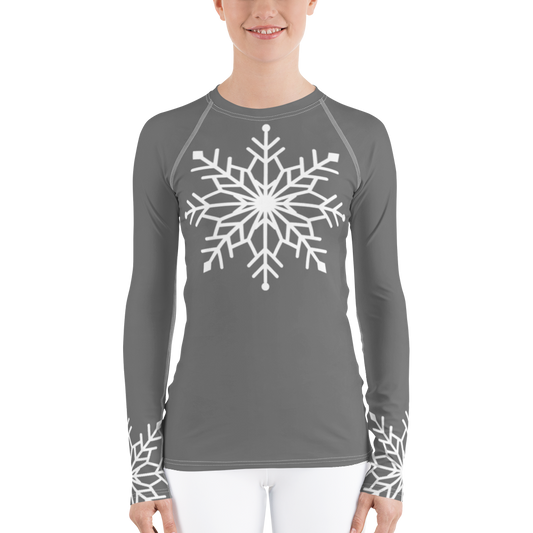 Winter Snowflake Top, White Snowflake on Graphite Gray Women's Rash Guard, Holiday Top