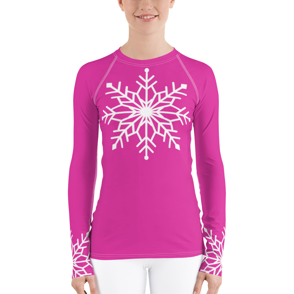 Winter Snowflake Top, White Snowflake on Hot Pink Women's Rash Guard, Holiday Top