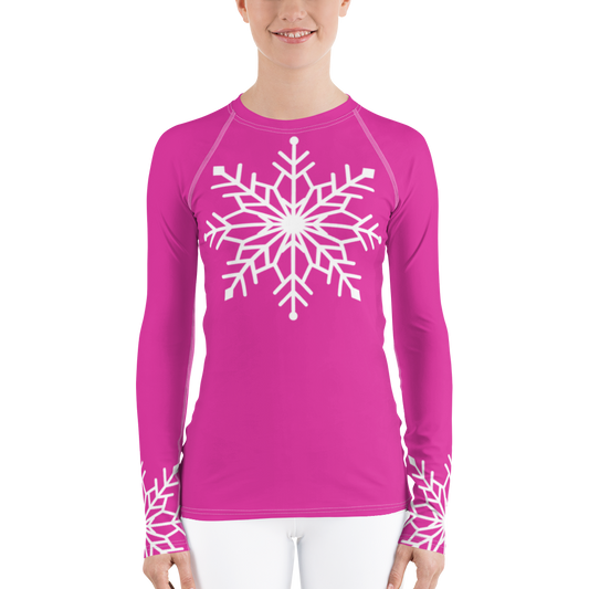 Winter Snowflake Top, White Snowflake on Hot Pink Women's Rash Guard, Holiday Top