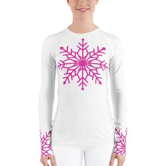 Winter Snowflake Top, Hot Pink Snowflake on White Women's Rash Guard, Holiday Top