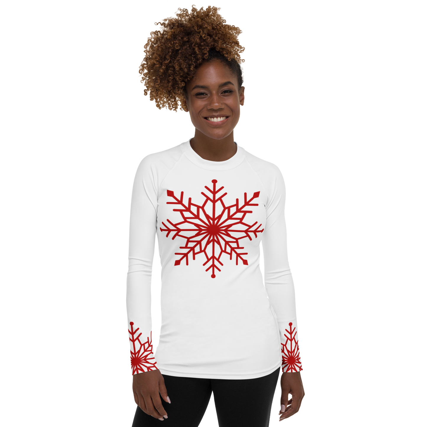 Winter Snowflake Top, Dark Red Snowflake on White Women's Rash Guard, Holiday Top