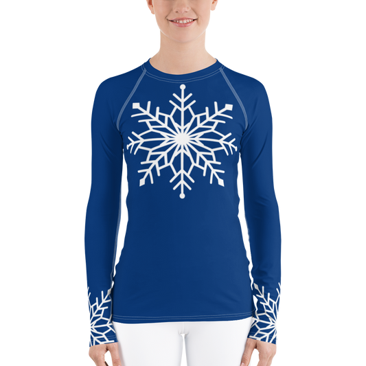 Winter Snowflake Top, White Snowflake on Royal Blue Women's Rash Guard, Holiday Top