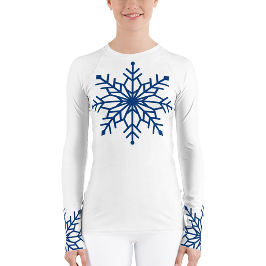 Winter Snowflake Top, Royal Blue Snowflake on White Women's Rash Guard, Holiday Top