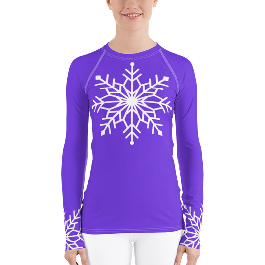Winter Snowflake Top, White Snowflake on Pure Purple Women's Rash Guard, Holiday Top