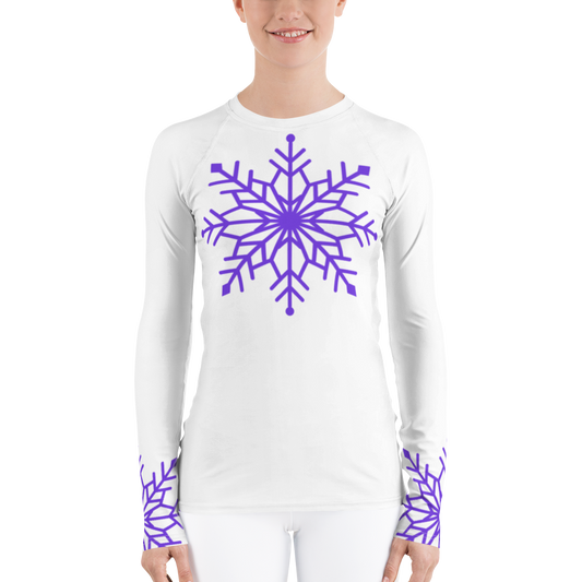 Winter Snowflake Top, Pure Purple Snowflake on White Women's Rash Guard, Holiday Top