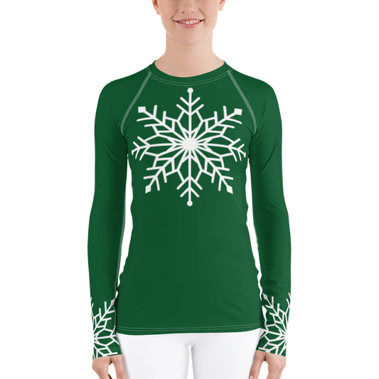 Winter Snowflake Top, White Snowflake on Forest Green Women's Rash Guard, Holiday Top