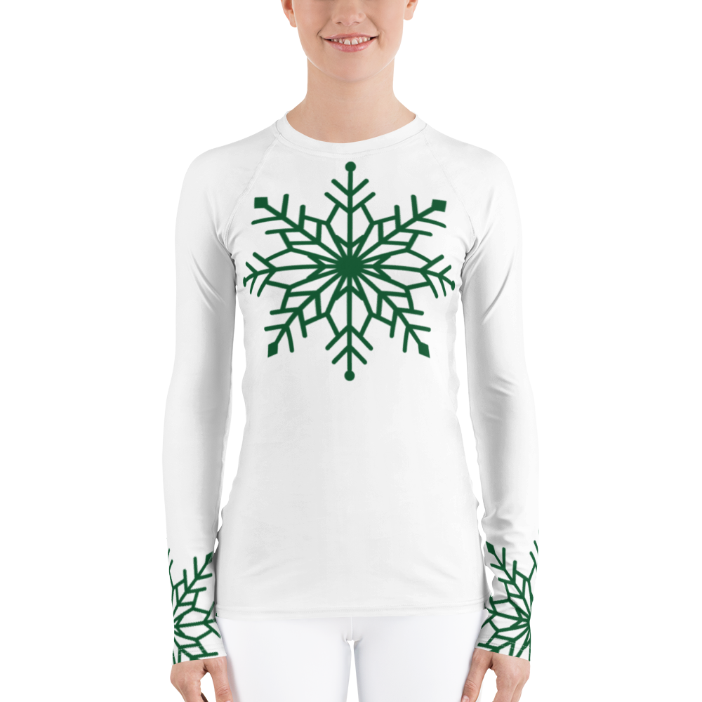 Winter Snowflake Top, Forest Green Snowflake on White Women's Rash Guard, Holiday Top