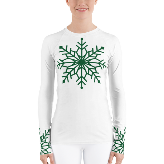 Winter Snowflake Top, Forest Green Snowflake on White Women's Rash Guard, Holiday Top