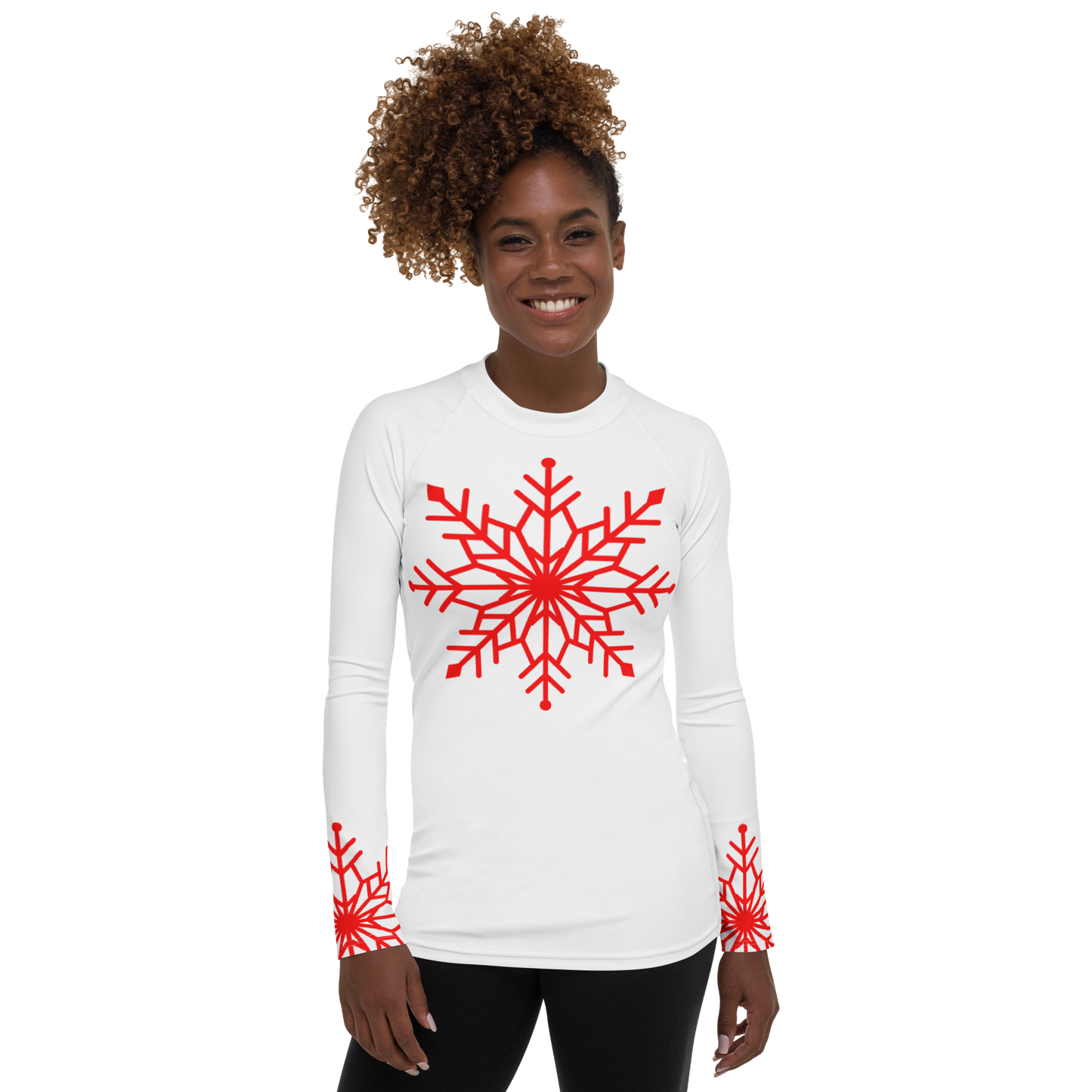 Winter Snowflake Top, Bright Red Snowflake on White Women's Rash Guard, Holiday Top