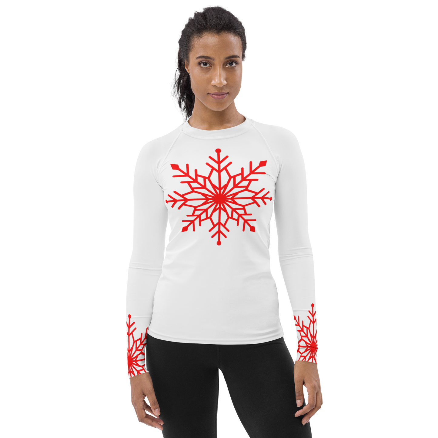 Winter Snowflake Top, Bright Red Snowflake on White Women's Rash Guard, Holiday Top