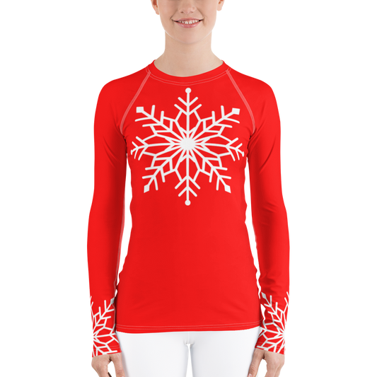Winter Snowflake Top, White Snowflake on Bright Red Women's Rash Guard, Holiday Top