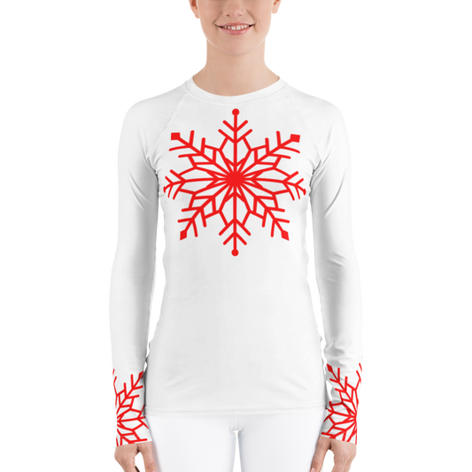 Winter Snowflake Top, Bright Red Snowflake on White Women's Rash Guard, Holiday Top