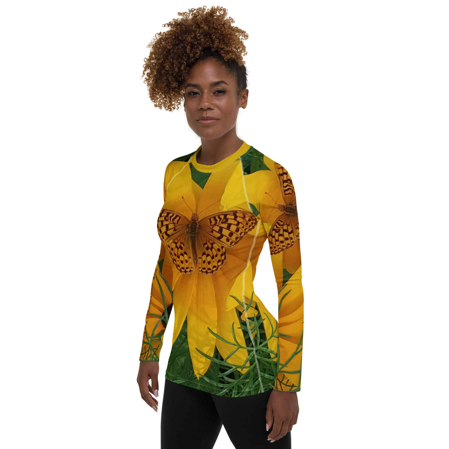 The FLOWER LOVE Collection - "Butterfly Beauty" Design Luxurious Women's Rash Guard, Sun Protective Clothing, Sports & Fitness Clothing