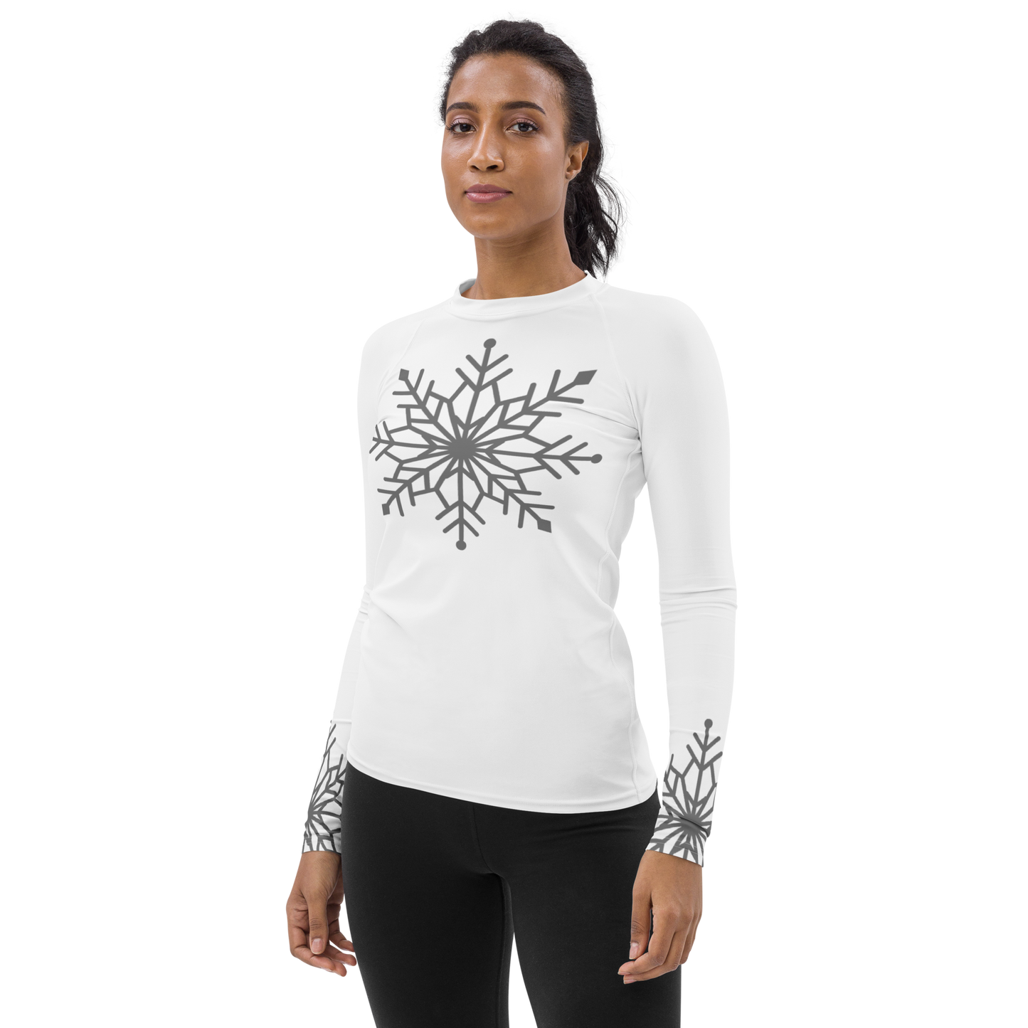 Winter Snowflake Top, Graphite Gray Snowflake on White Women's Rash Guard, Holiday Top