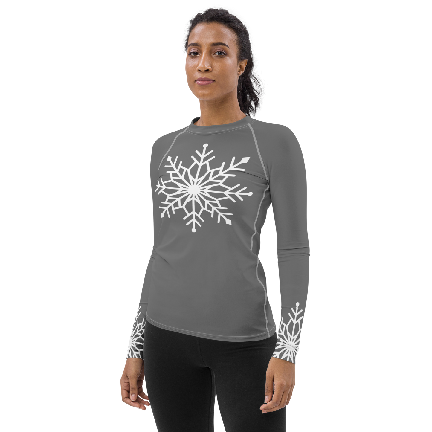 Winter Snowflake Top, White Snowflake on Graphite Gray Women's Rash Guard, Holiday Top
