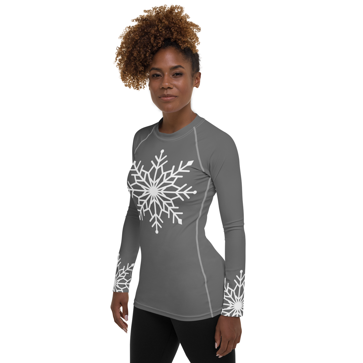 Winter Snowflake Top, White Snowflake on Graphite Gray Women's Rash Guard, Holiday Top