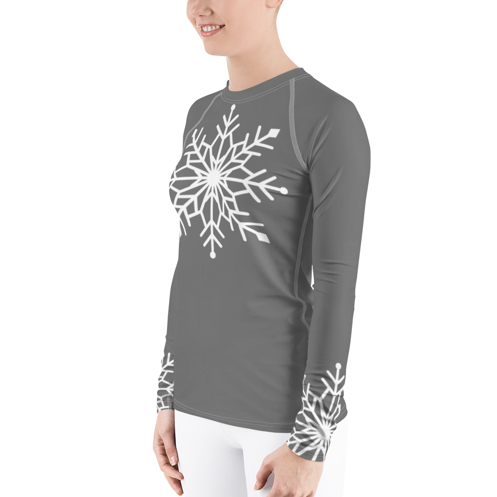 Winter Snowflake Top, White Snowflake on Graphite Gray Women's Rash Guard, Holiday Top