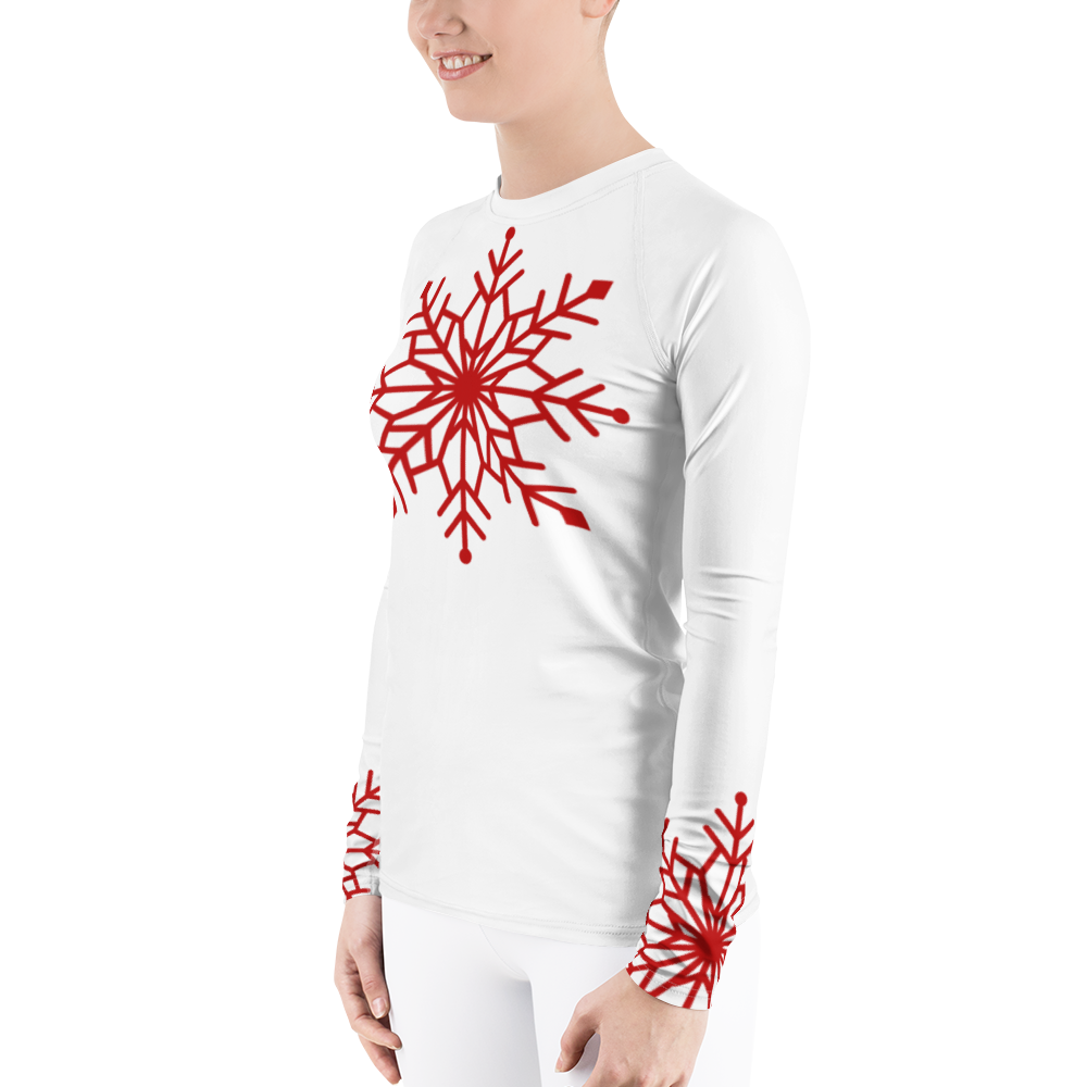 Winter Snowflake Top, Dark Red Snowflake on White Women's Rash Guard, Holiday Top