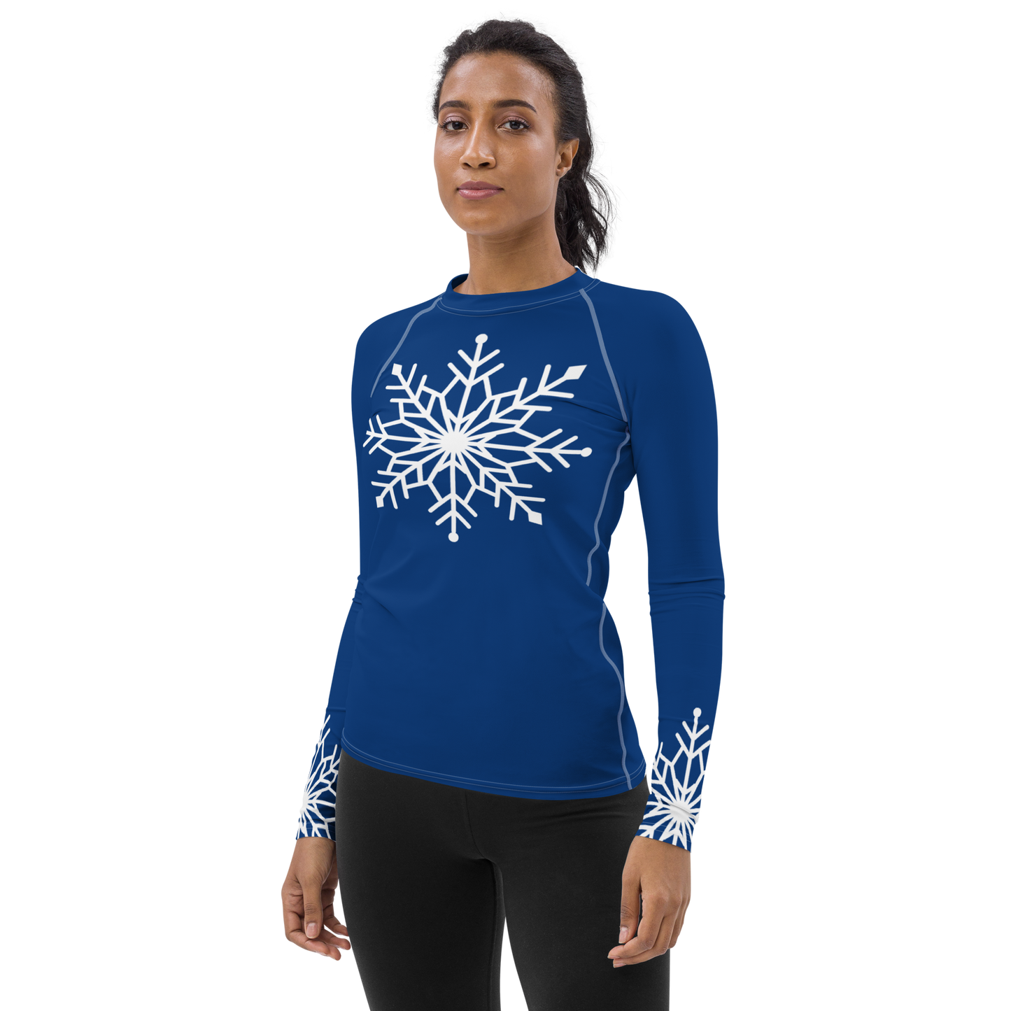 Winter Snowflake Top, White Snowflake on Royal Blue Women's Rash Guard, Holiday Top