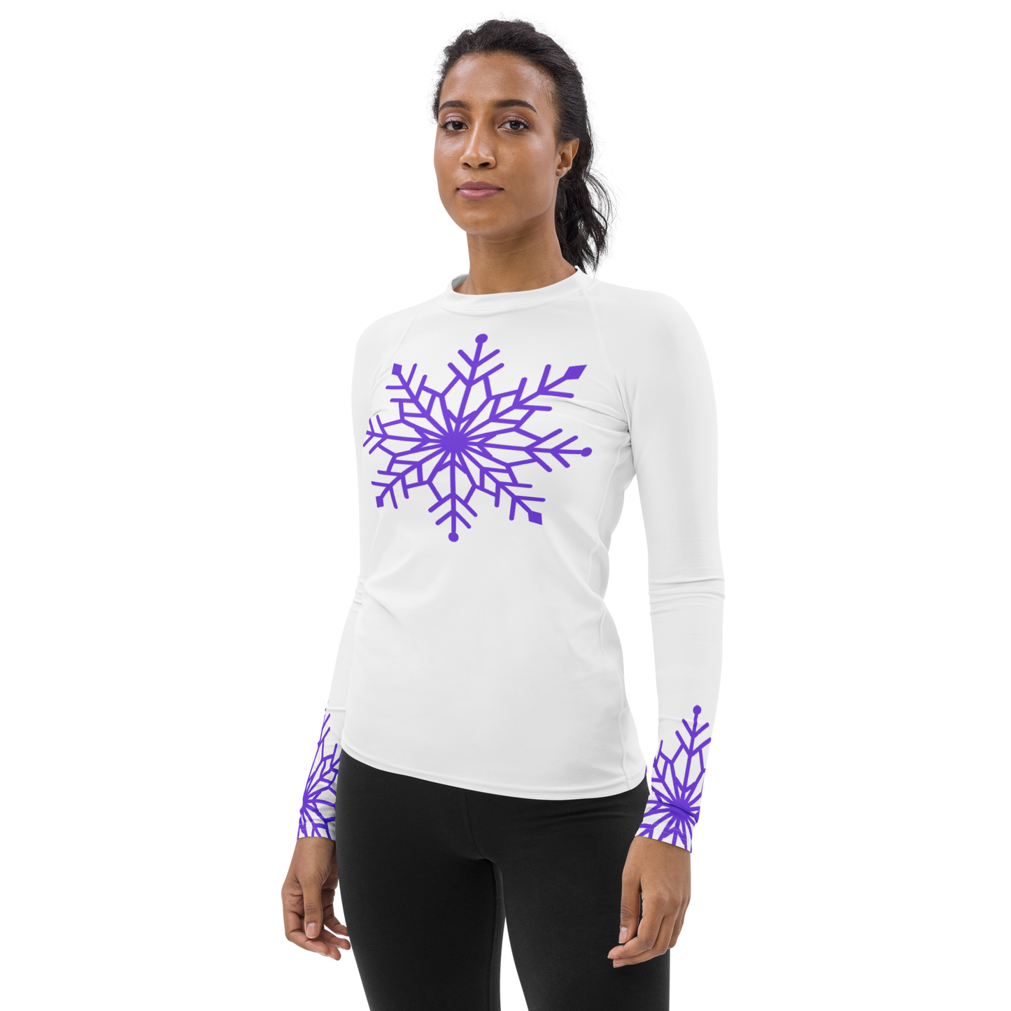 Winter Snowflake Top, Pure Purple Snowflake on White Women's Rash Guard, Holiday Top