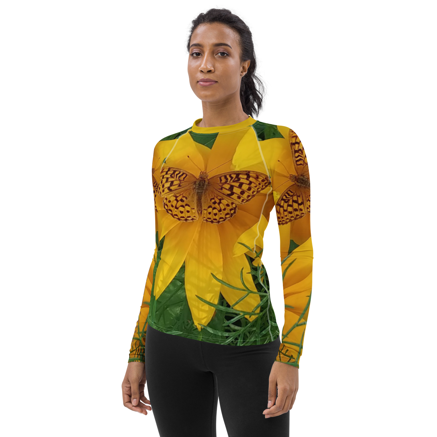 The FLOWER LOVE Collection - "Butterfly Beauty" Design Luxurious Women's Rash Guard, Sun Protective Clothing, Sports & Fitness Clothing