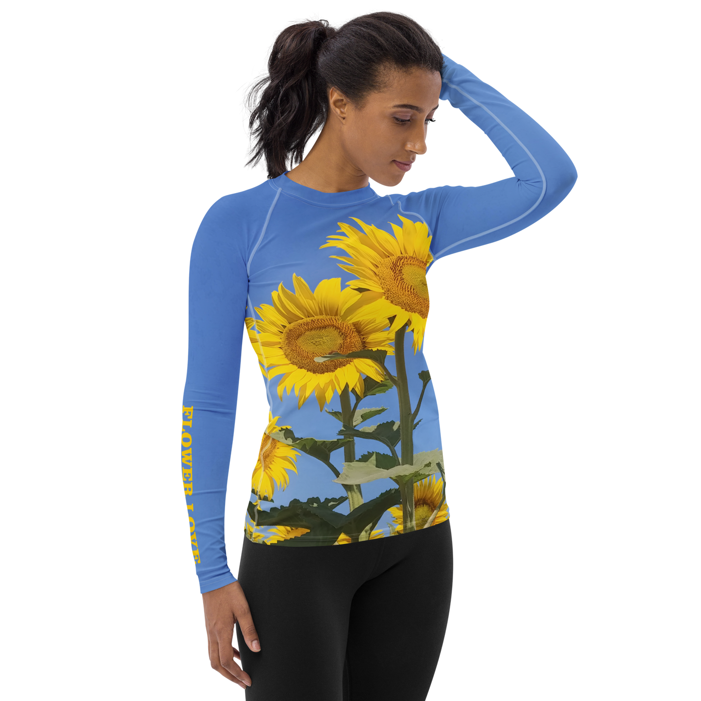 The FLOWER LOVE Collection - "Sunflower Sisters" Design Luxurious Women's Rash Guard, Sun Protective Clothing, Sports & Fitness Clothing