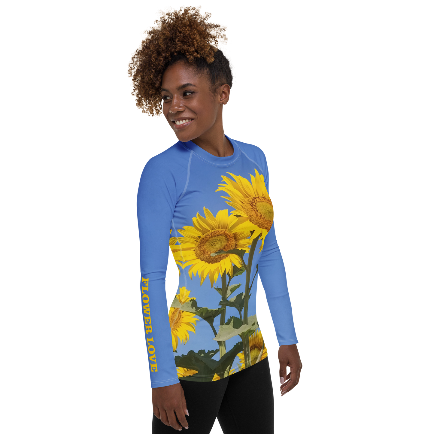 The FLOWER LOVE Collection - "Sunflower Sisters" Design Luxurious Women's Rash Guard, Sun Protective Clothing, Sports & Fitness Clothing