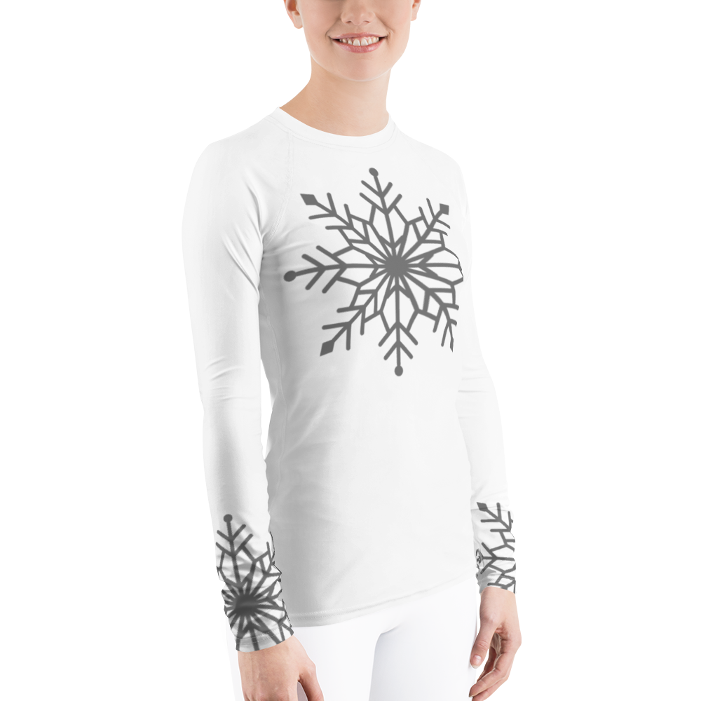 Winter Snowflake Top, Graphite Gray Snowflake on White Women's Rash Guard, Holiday Top