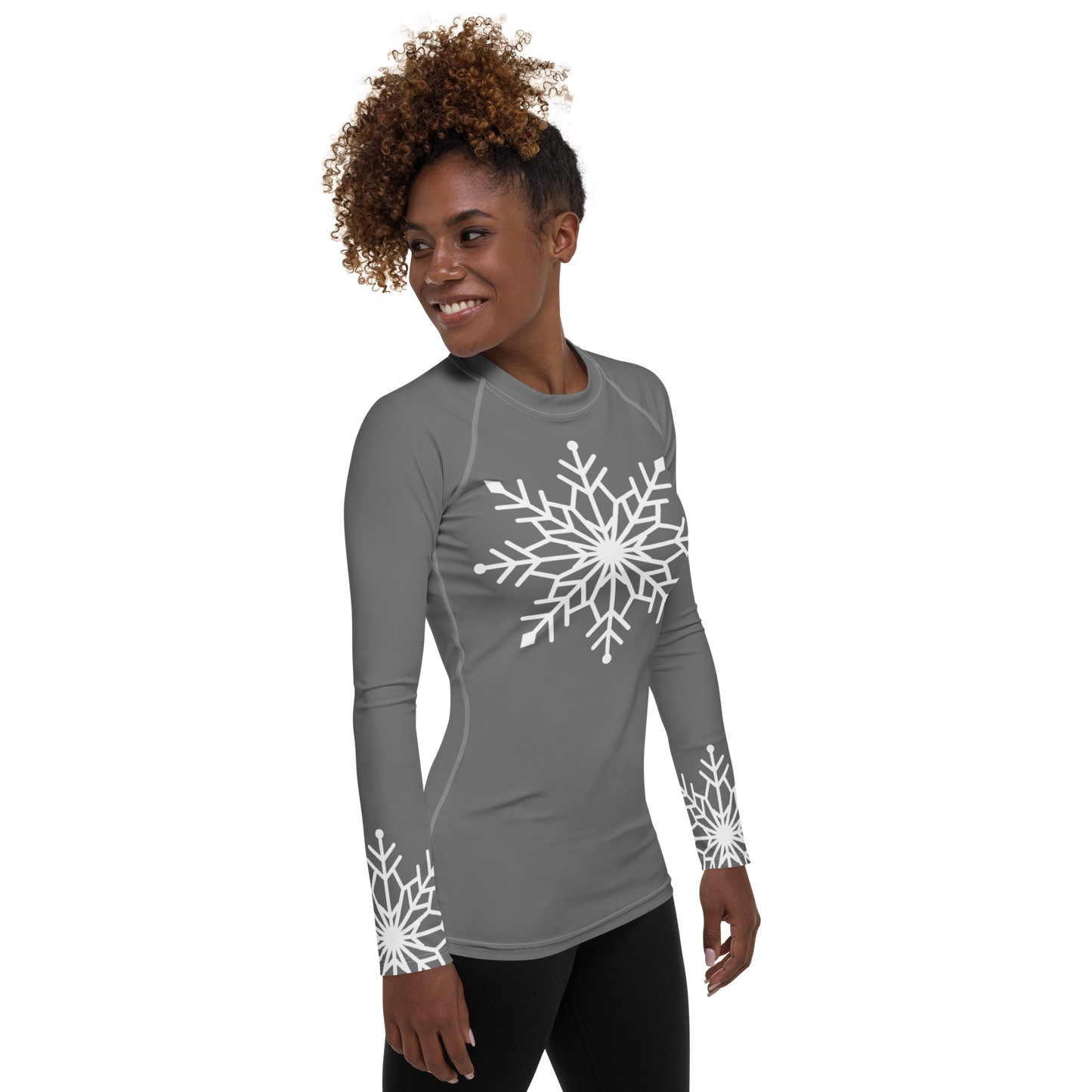 Winter Snowflake Top, White Snowflake on Graphite Gray Women's Rash Guard, Holiday Top