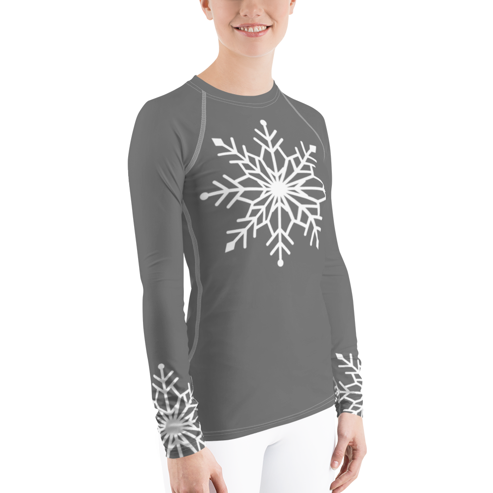 Winter Snowflake Top, White Snowflake on Graphite Gray Women's Rash Guard, Holiday Top