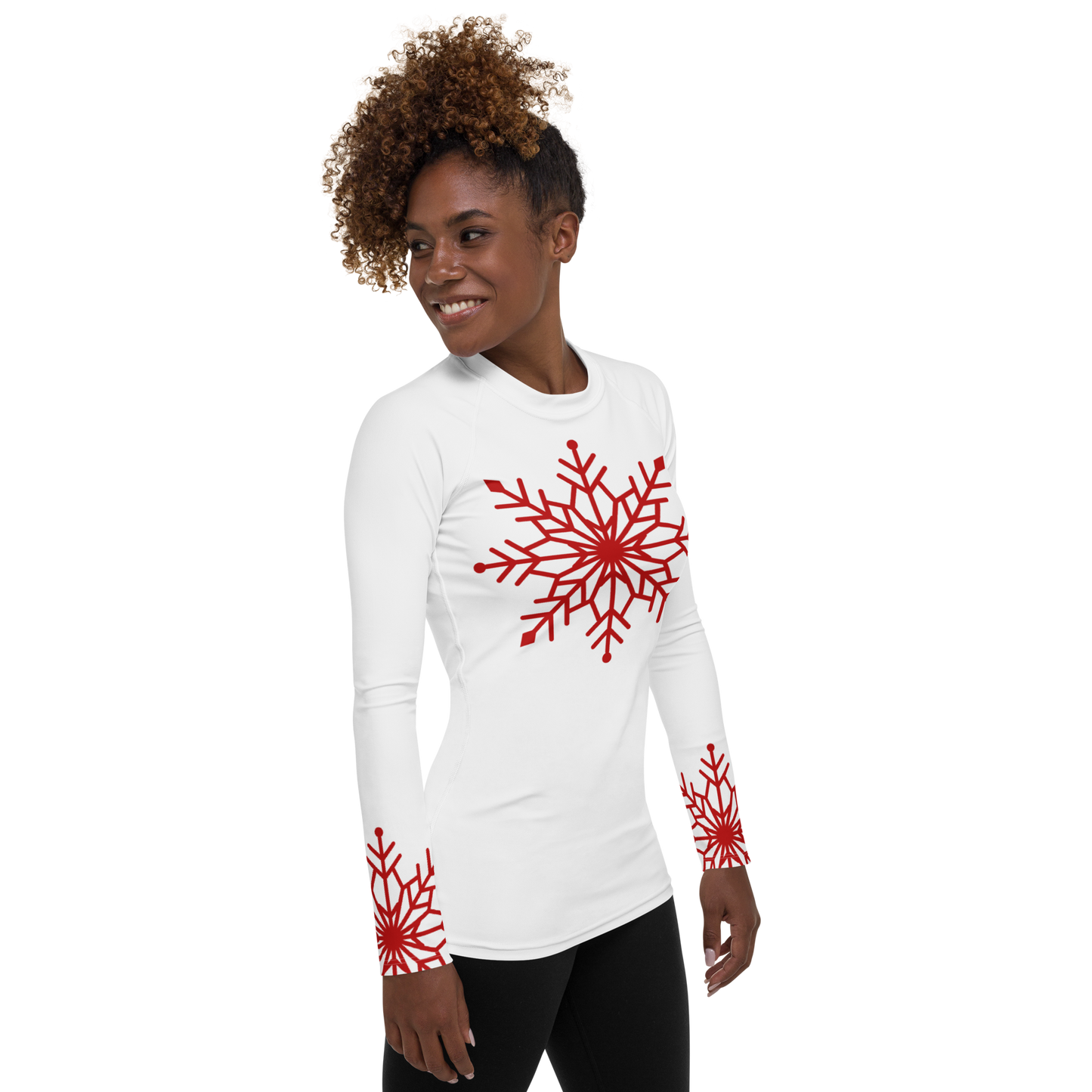 Winter Snowflake Top, Dark Red Snowflake on White Women's Rash Guard, Holiday Top