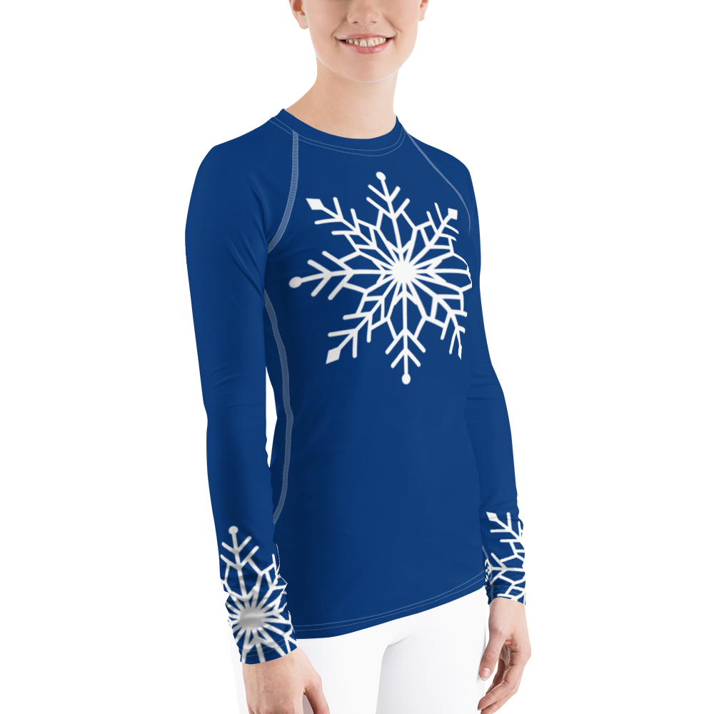 Winter Snowflake Top, White Snowflake on Royal Blue Women's Rash Guard, Holiday Top