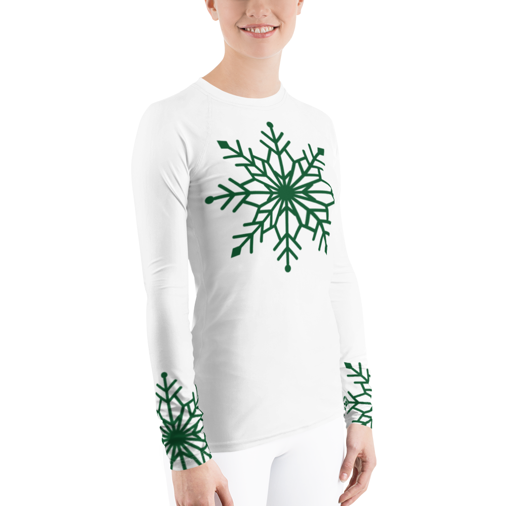 Winter Snowflake Top, Forest Green Snowflake on White Women's Rash Guard, Holiday Top