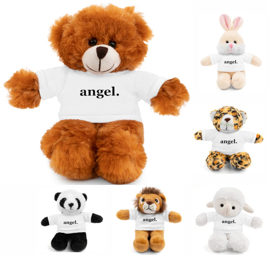 word love. - stuffed plushie animal with "angel." design tee (6 different animals to choose from)