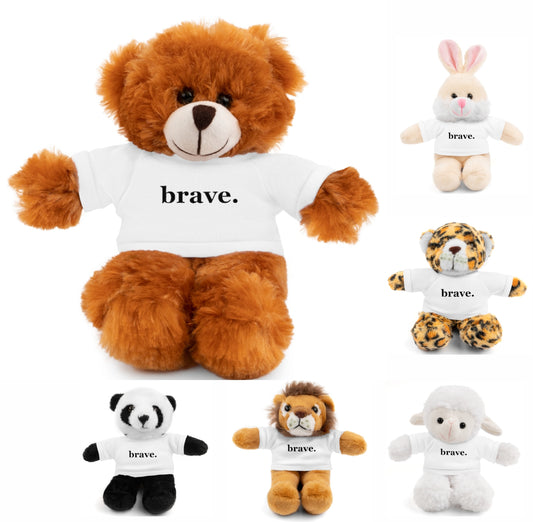 word love. - stuffed plushie animal with "brave." design tee (6 different animals to choose from)