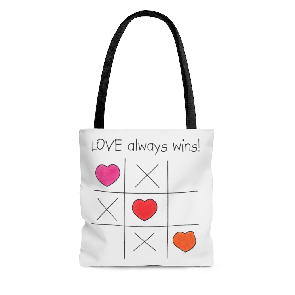 LOVE Always Wins! Tic Tac Toe Tote Bag - Available in 3 Sizes, Inspirational Tote Bags, Gifs for Kids Teens Adults, Chemo Bags