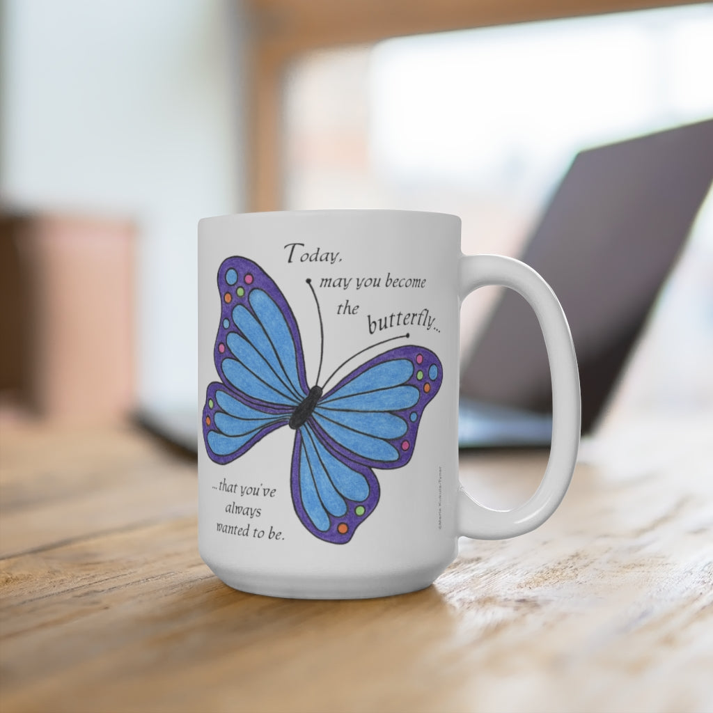 Blue Butterfly Large 15 oz. Ceramic Mug, Inspirational Mugs, Gifts for Women