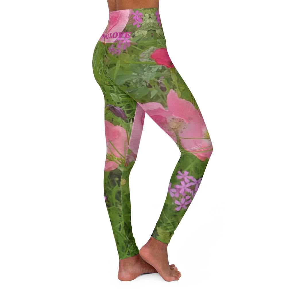 The FLOWER LOVE Collection - "Pretty Pink Poppies" Design High-Waisted Yoga Leggings, Fitness Leggings, Nature-Inspired Leggings