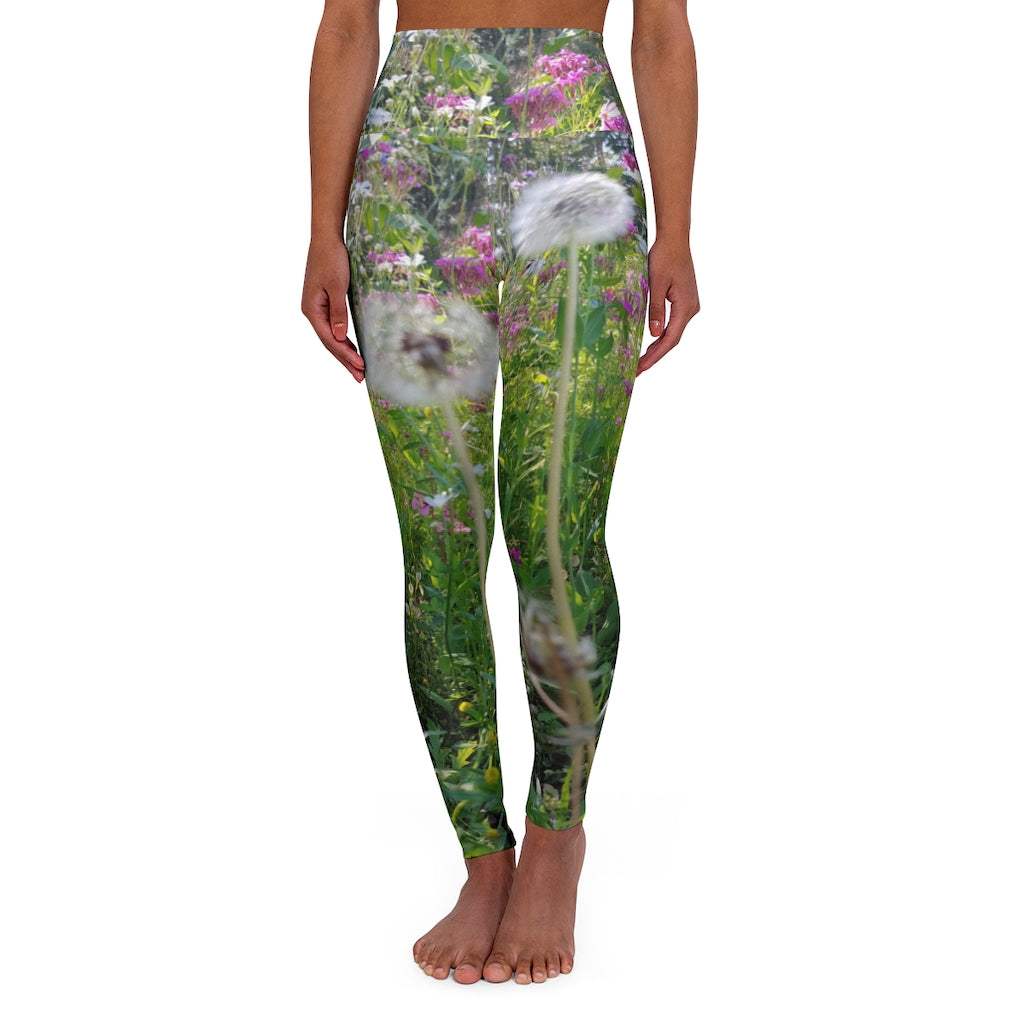 The FLOWER LOVE Collection - "Dreamy Dandelions" Design High-Waisted Yoga Leggings, Fitness Leggings, Nature-Inspired Leggings