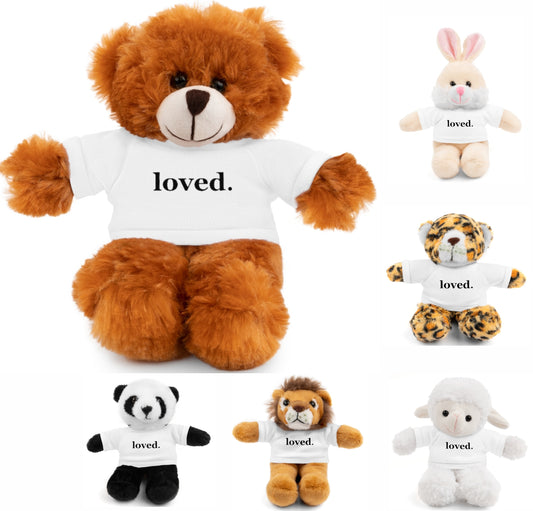 word love. - stuffed plushie animal with "loved." design tee (6 different animals to choose from)