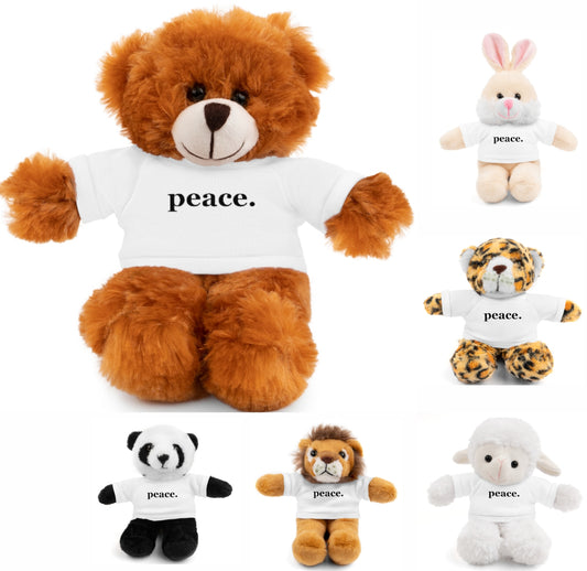 word love. - stuffed plushie animal with "peace." design tee (6 different animals to choose from)